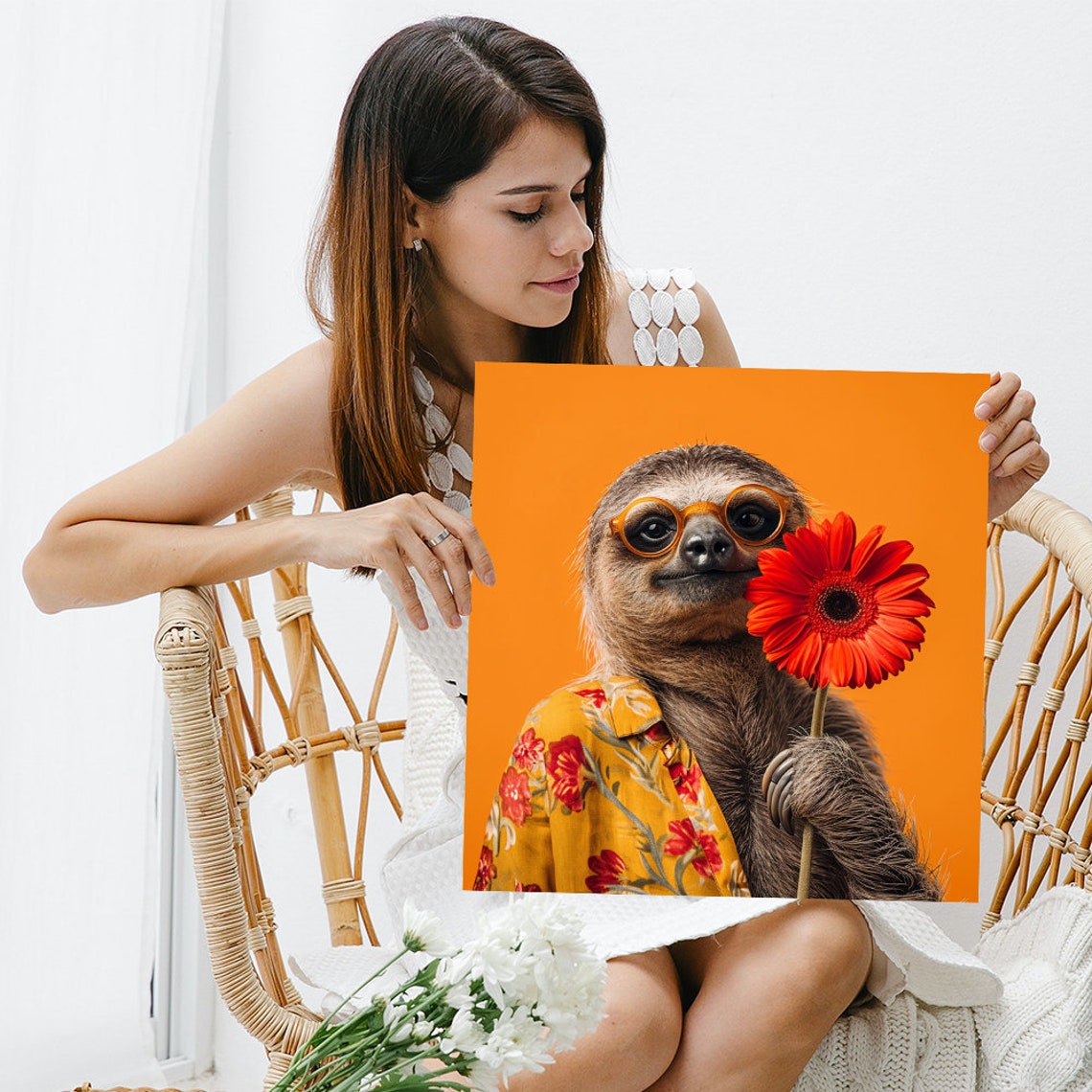 Flower Power Sloth Orange Glasses Red Daisy Retro Hipster Wall Art - Image 3