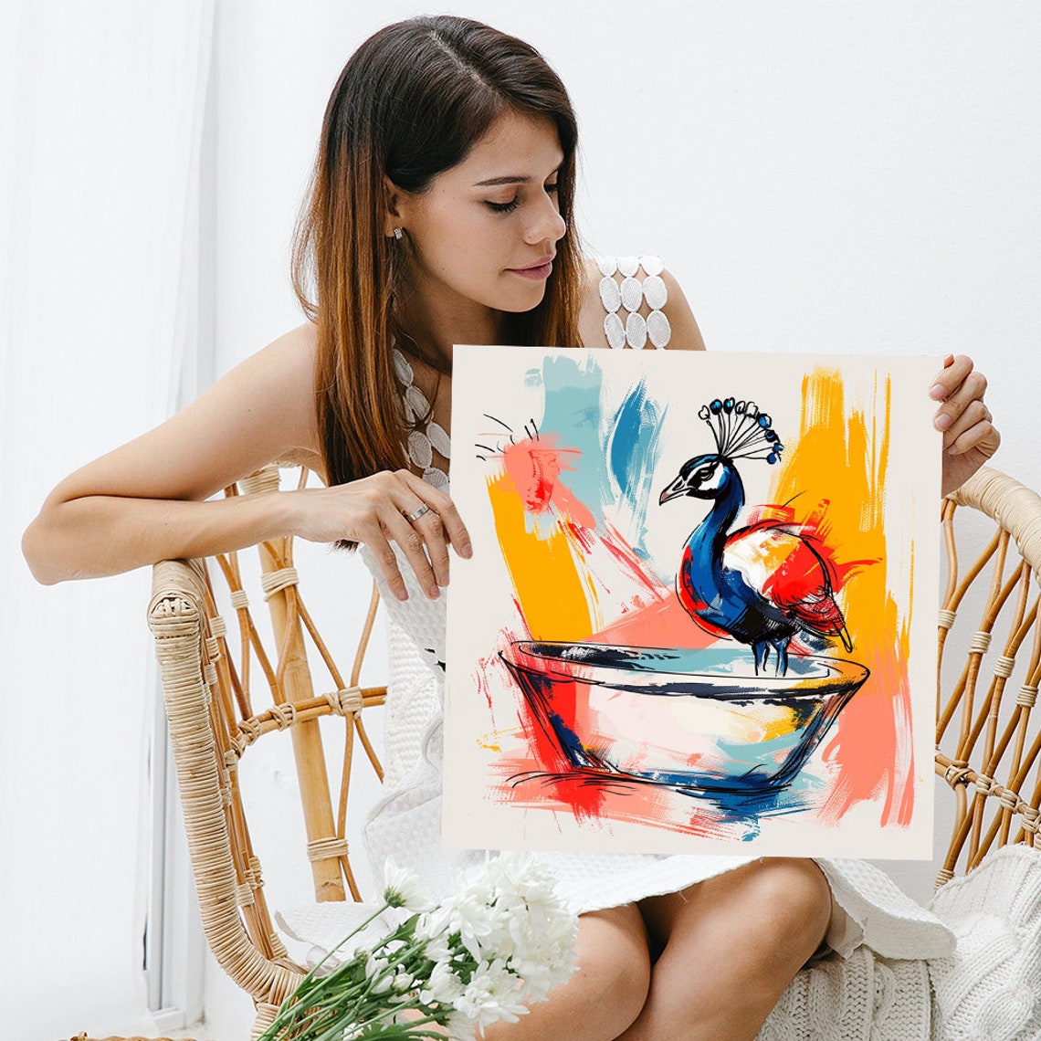 Peacock Bath Abstract Watercolor Blue Red Yellow Splash Art Poster - Image 3