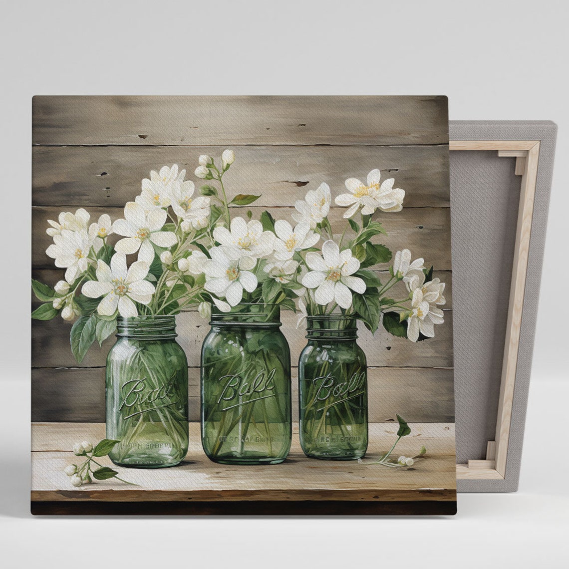 White Flowers Mason Jars Rustic Wood Farmhouse Botanical Poster