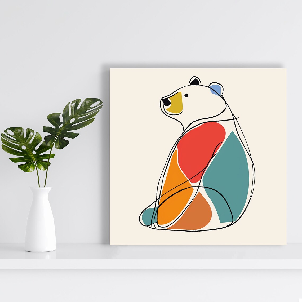 Geometric Bear Line Art Red Orange Teal Minimalist Modern Nursery Print - Image 2