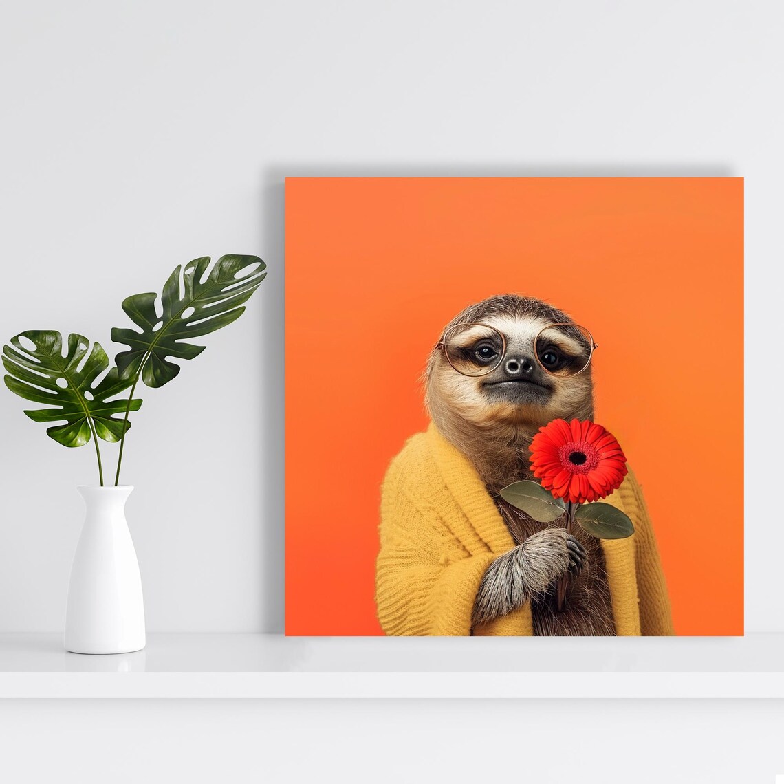 Intellectual Sloth With Round Glasses Holding Red Flower Orange Wall Poster - Image 2