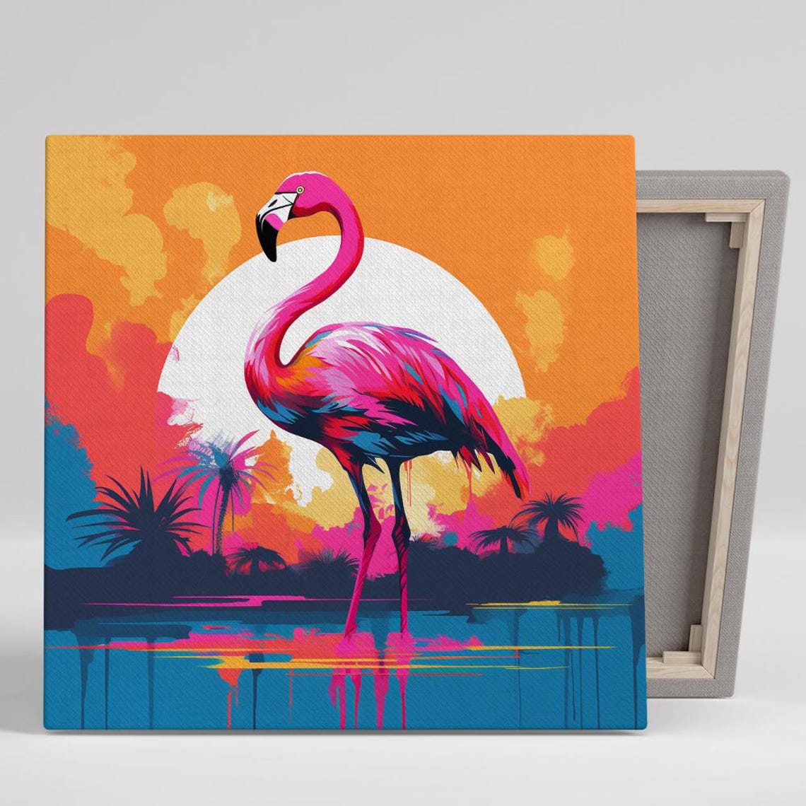 Pink Flamingo At Sunset Palm Silhouettes Tropical Pop Art Wall Poster