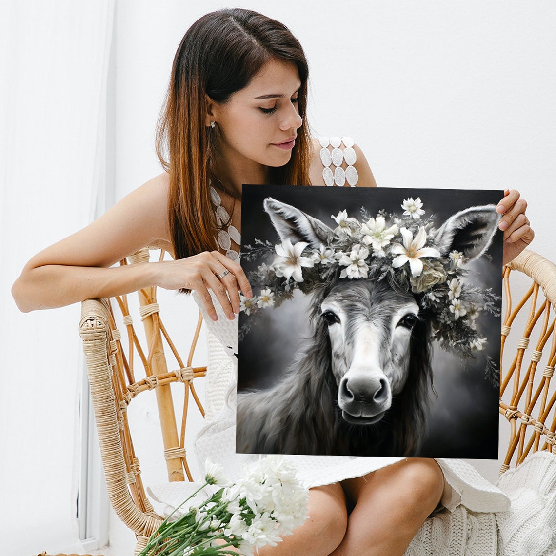 Donkey White Flower Crown Ethereal Dark Botanical Portrait Poster - Image 3