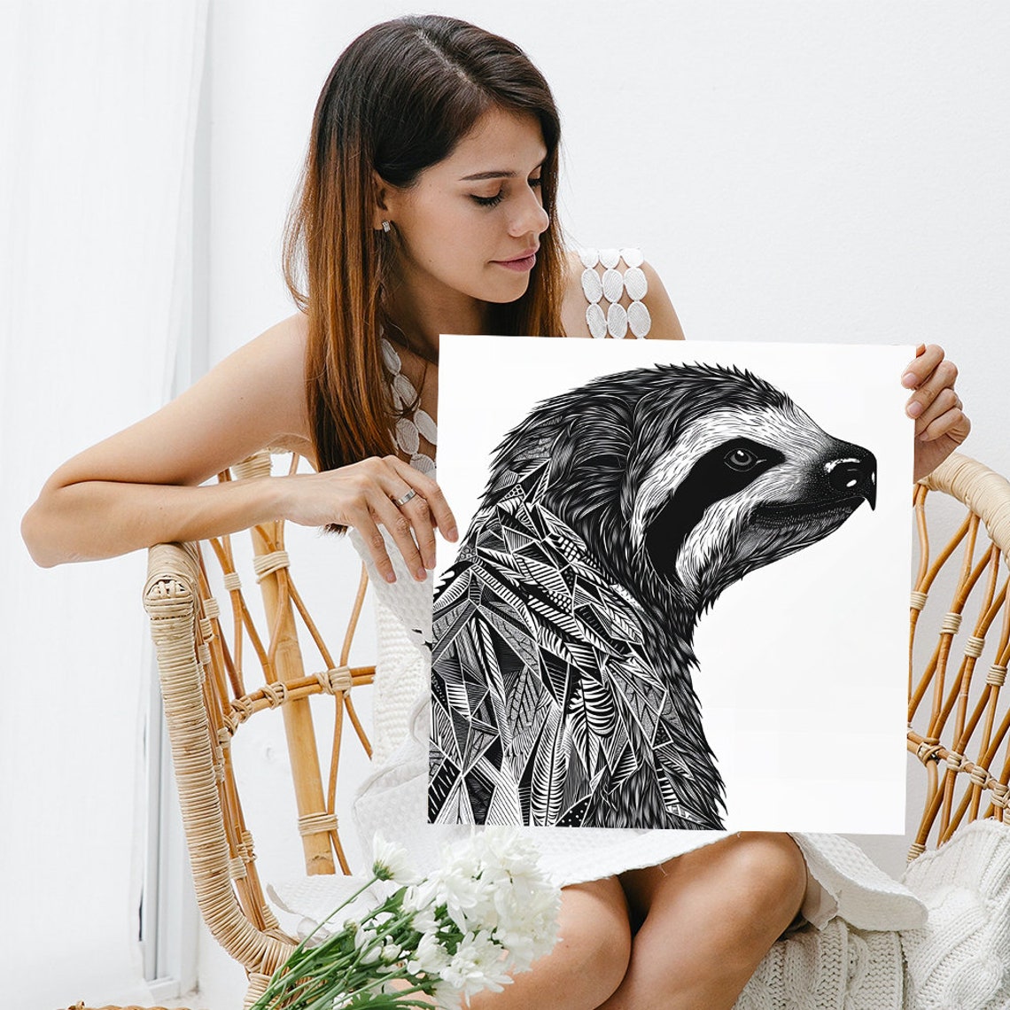 Geometric Sloth Profile Black White Line Art Modern Animal Poster - Image 3