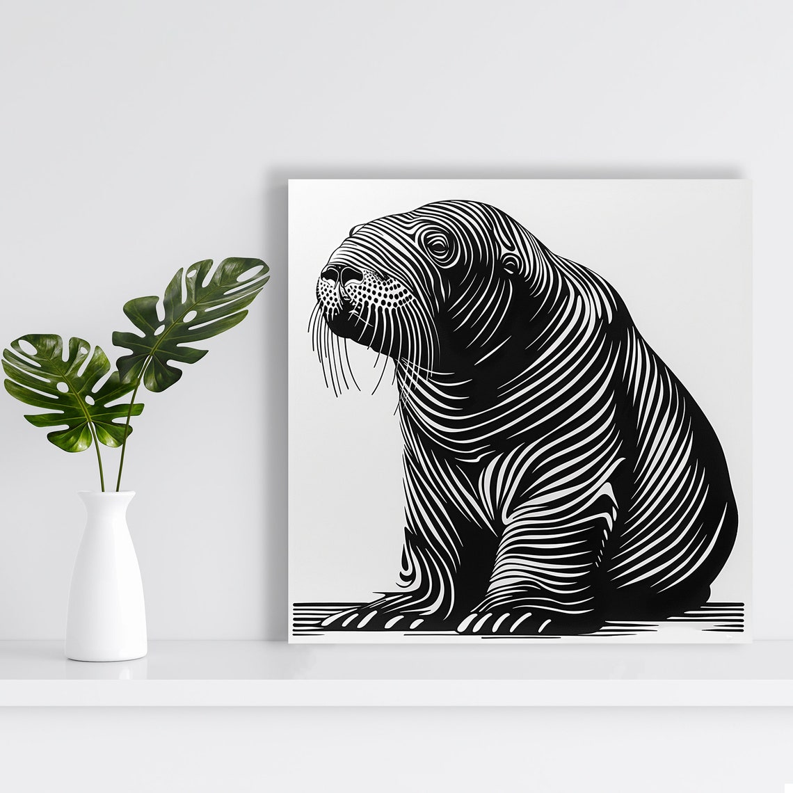Walrus Black White Line Art Minimalist Monochrome Animal Poster - Image 2