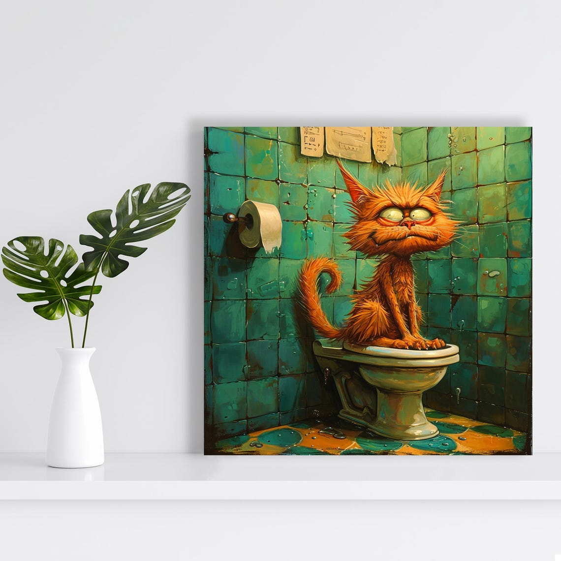Grumpy Orange Cat Sitting On Toilet Funny Bathroom Animal Art Poster - Image 2