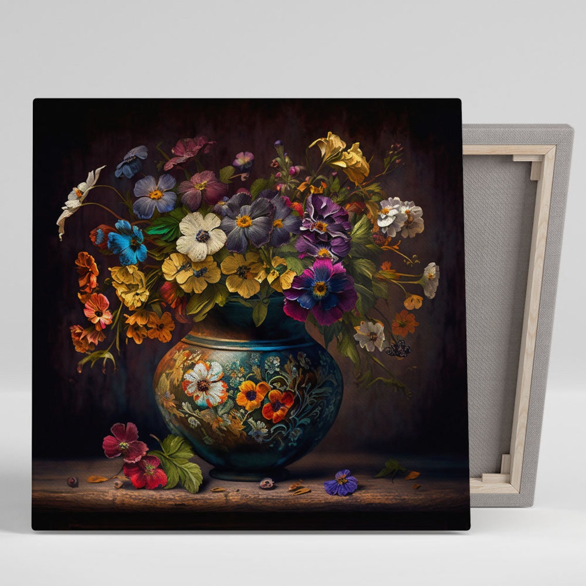 Colorful Pansy Bouquet Ornate Blue Ceramic Vase Floral Art Poster