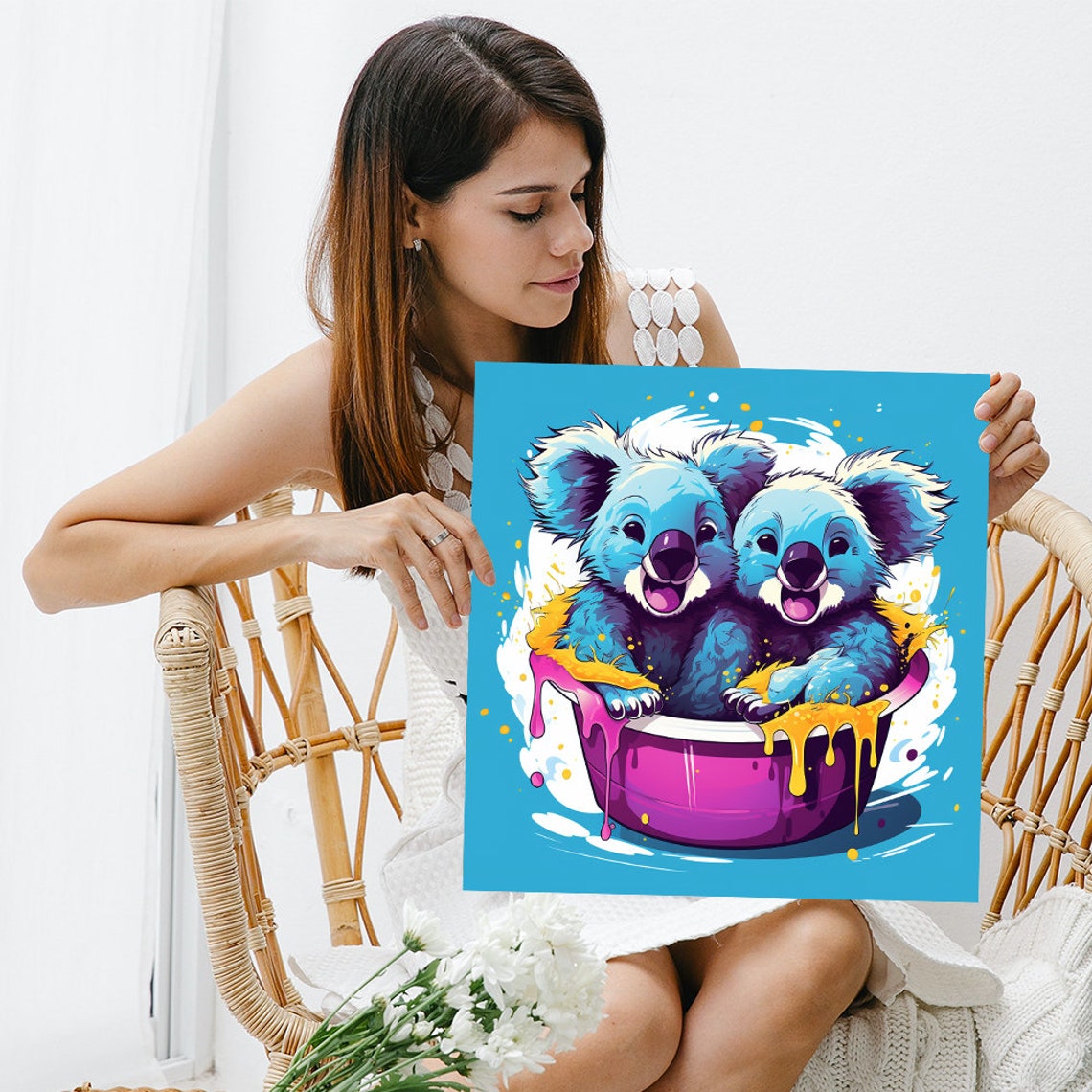 Two Playful Blue Koalas in Paint Bowl Splashing Pop Art Poster - Image 3