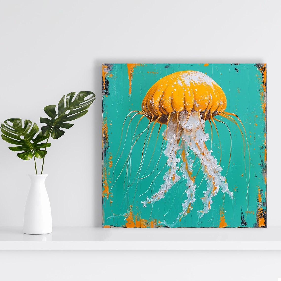 Orange Jellyfish Teal Ocean Art Serene Underwater Nature Wall Poster - Image 2