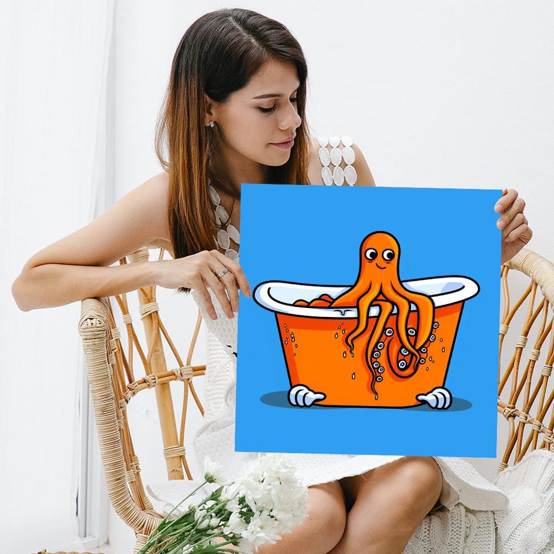 Cute Octopus In Orange Bathtub Funny Cartoon Style Blue Poster - Image 3