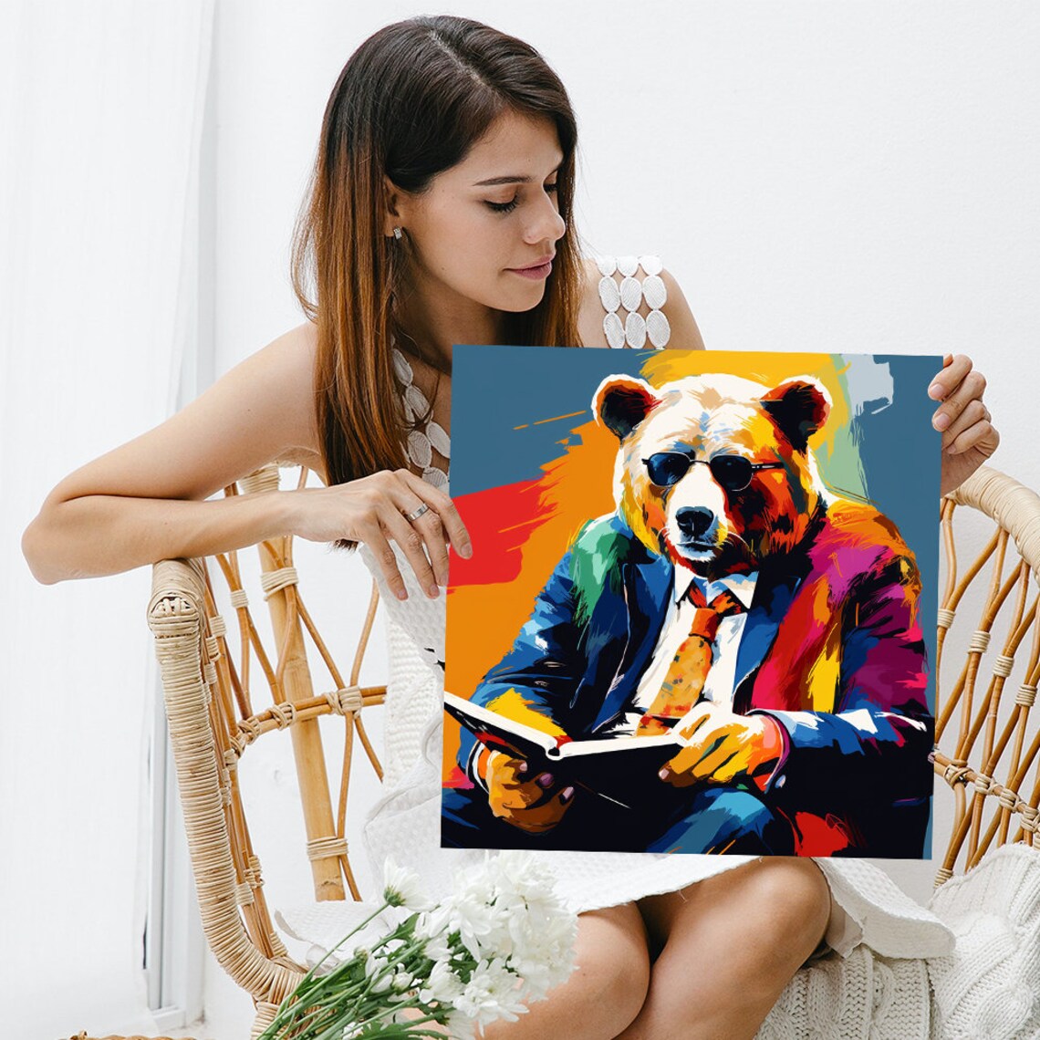 Corporate Bear In Suit Sunglasses Reading Pop Art Colorful Modern Office Poster - Image 3