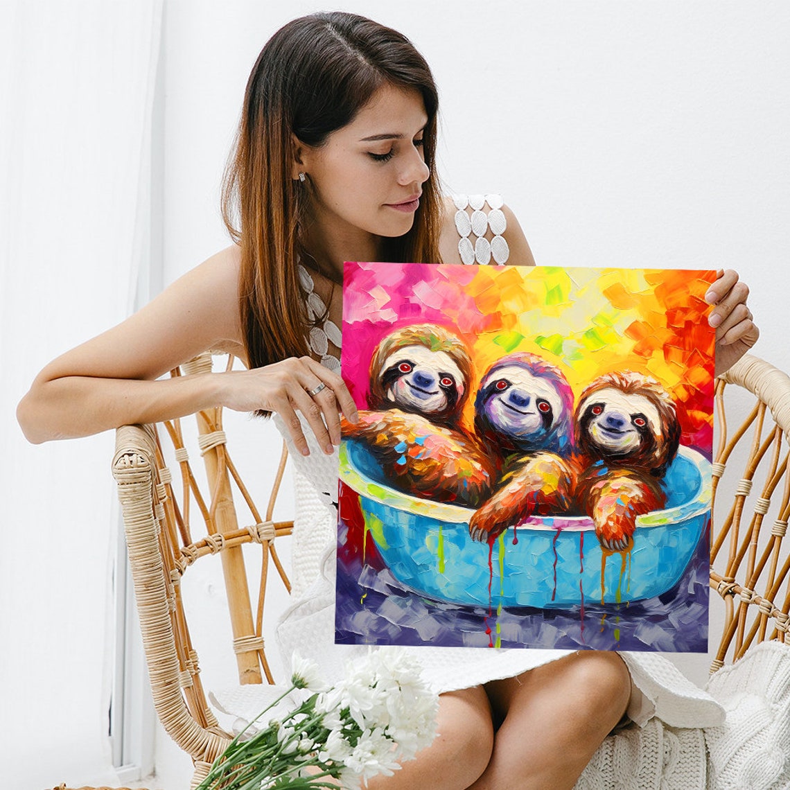 Three Happy Sloths in Blue Bowl Colorful Playful Painting Poster - Image 3