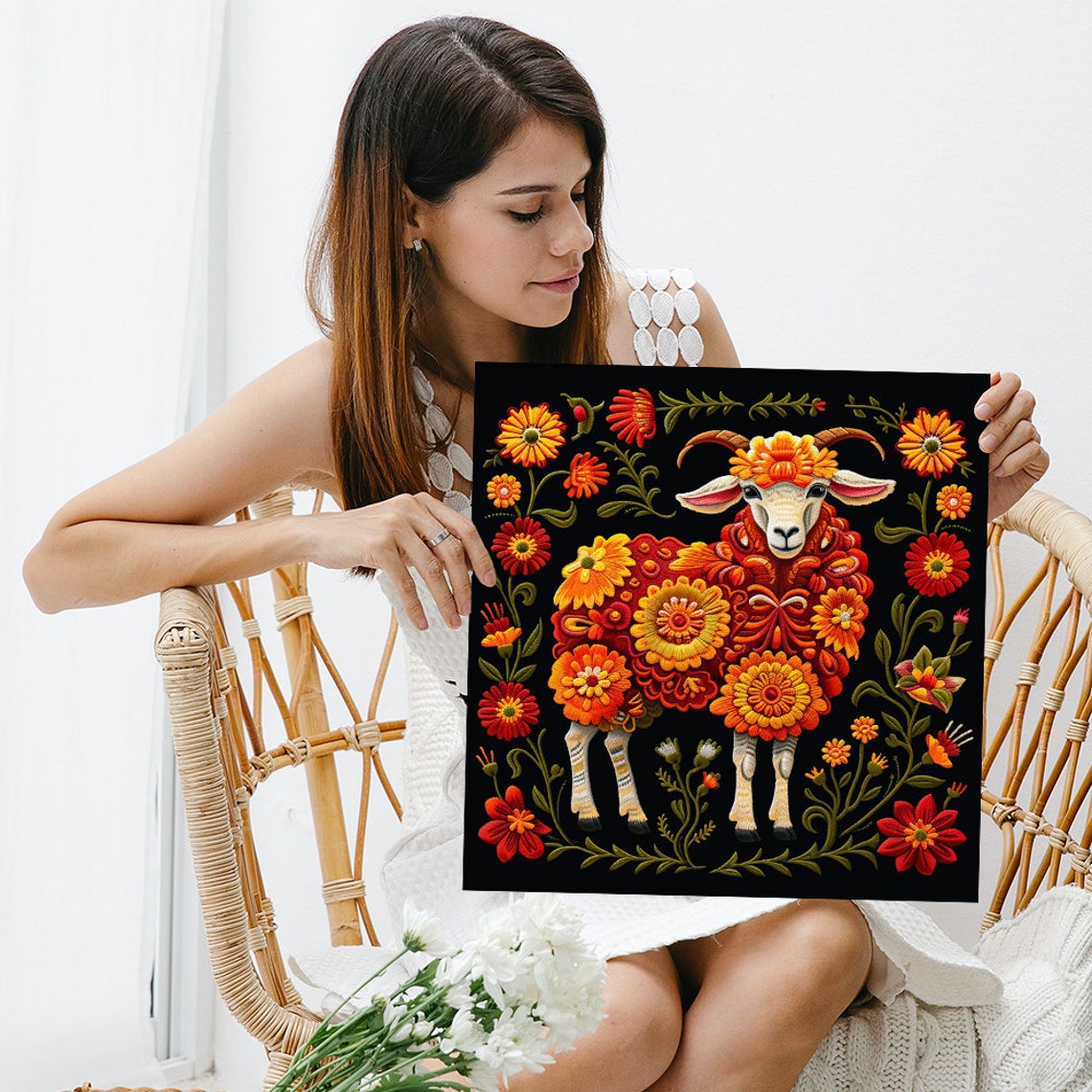 Embroidered Floral Sheep Folk Art Black Background Wall Art Poster - Image 3