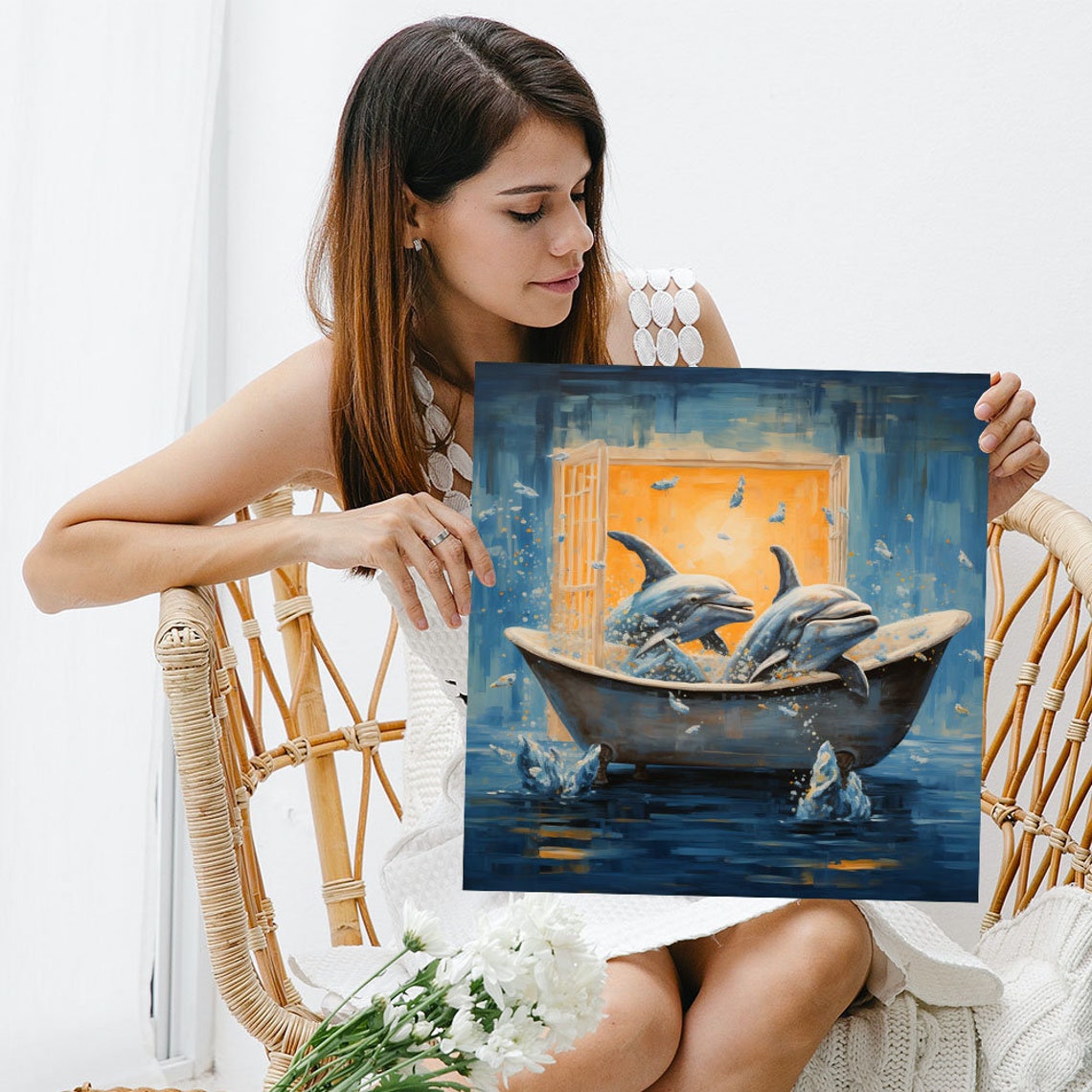 Two Dolphins Playing In Bathtub Whimsical Blue Bathroom Ocean Poster - Image 5