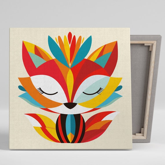 Geometric Fox Blossom Art Or Poster Whimsical Modern Decor Living Room Childrens Room Nursery Office Art Red Yellow Blue Orange