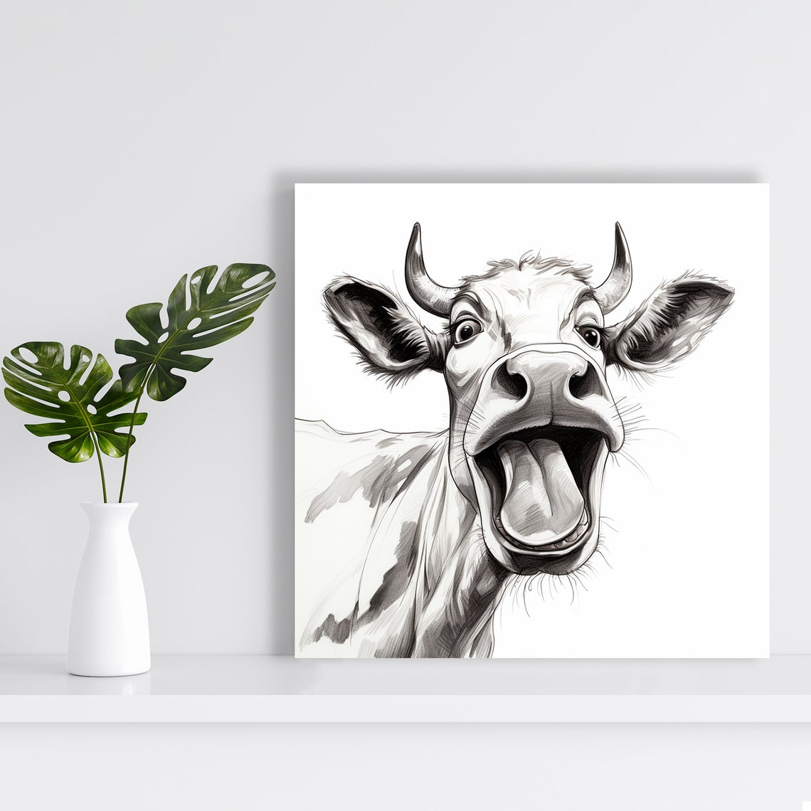 Laughing Cow Funny Face Expressive Black White Sketch Art Poster - Image 2