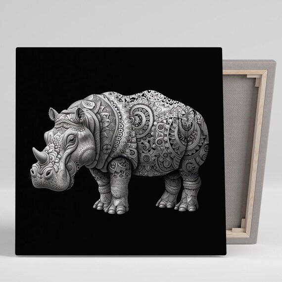Hippo Covered In Ornamental Mandala Patterns Black White Art Poster