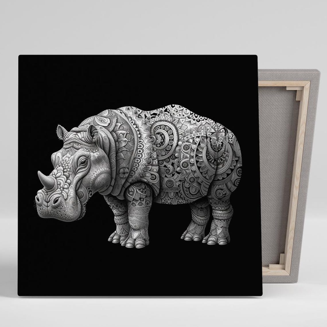 Hippo Covered In Ornamental Mandala Patterns Black White Art Poster