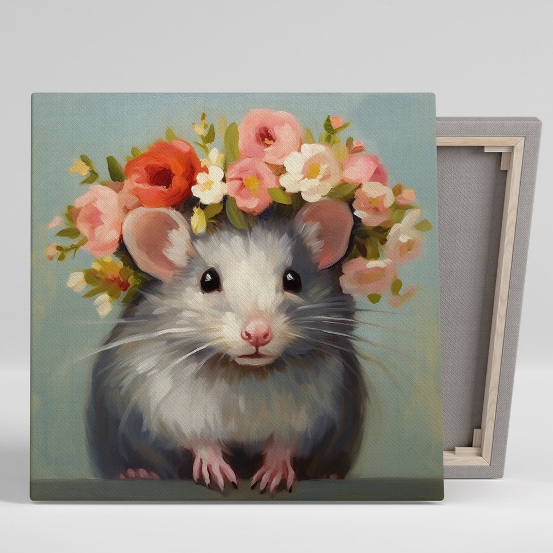 Cute Grey Mouse Wearing Floral Crown Pink Flowers Soft Nursery Poster