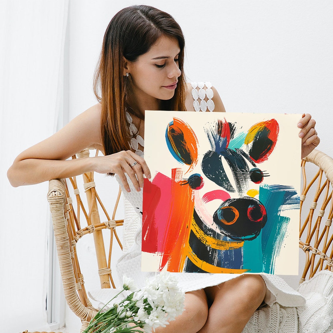 Playful Cow Face Bold Brushstroke Color Splash Whimsical Poster - Image 3