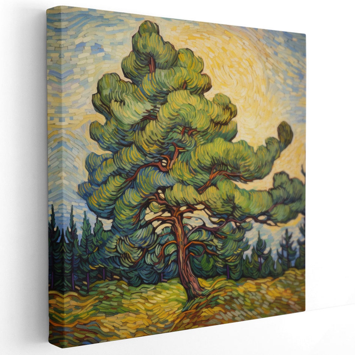 Windswept Pine Tree Golden Sky Swirling Brushwork Landscape Poster - Image 2