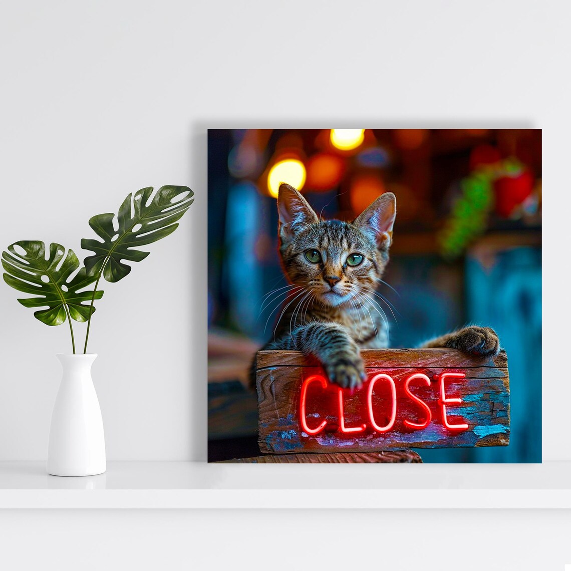 Cute Kitten Behind Glowing Close Neon Sign Night Shop Animal Poster - Image 2