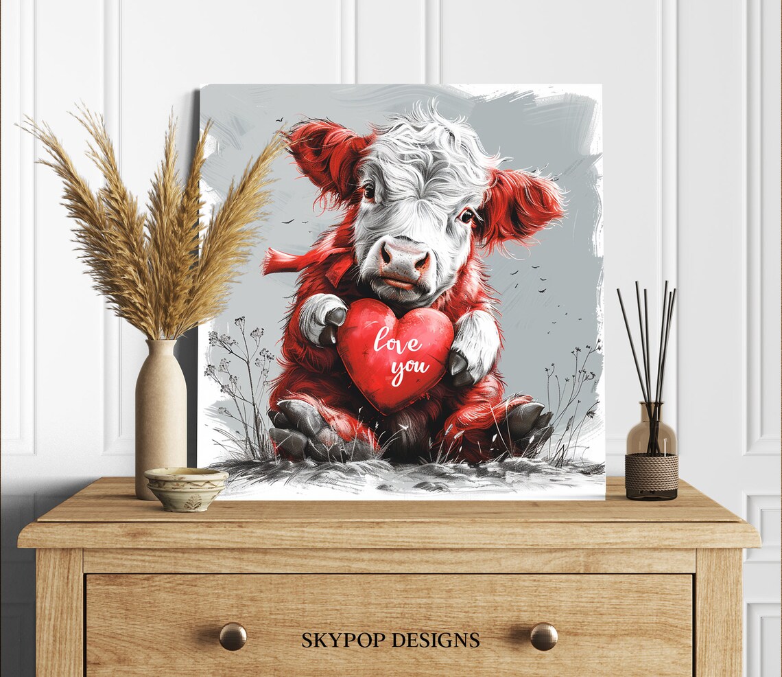 Sweet Baby Highland Calf Holding Love You Red Heart Gift Poster - Image 2