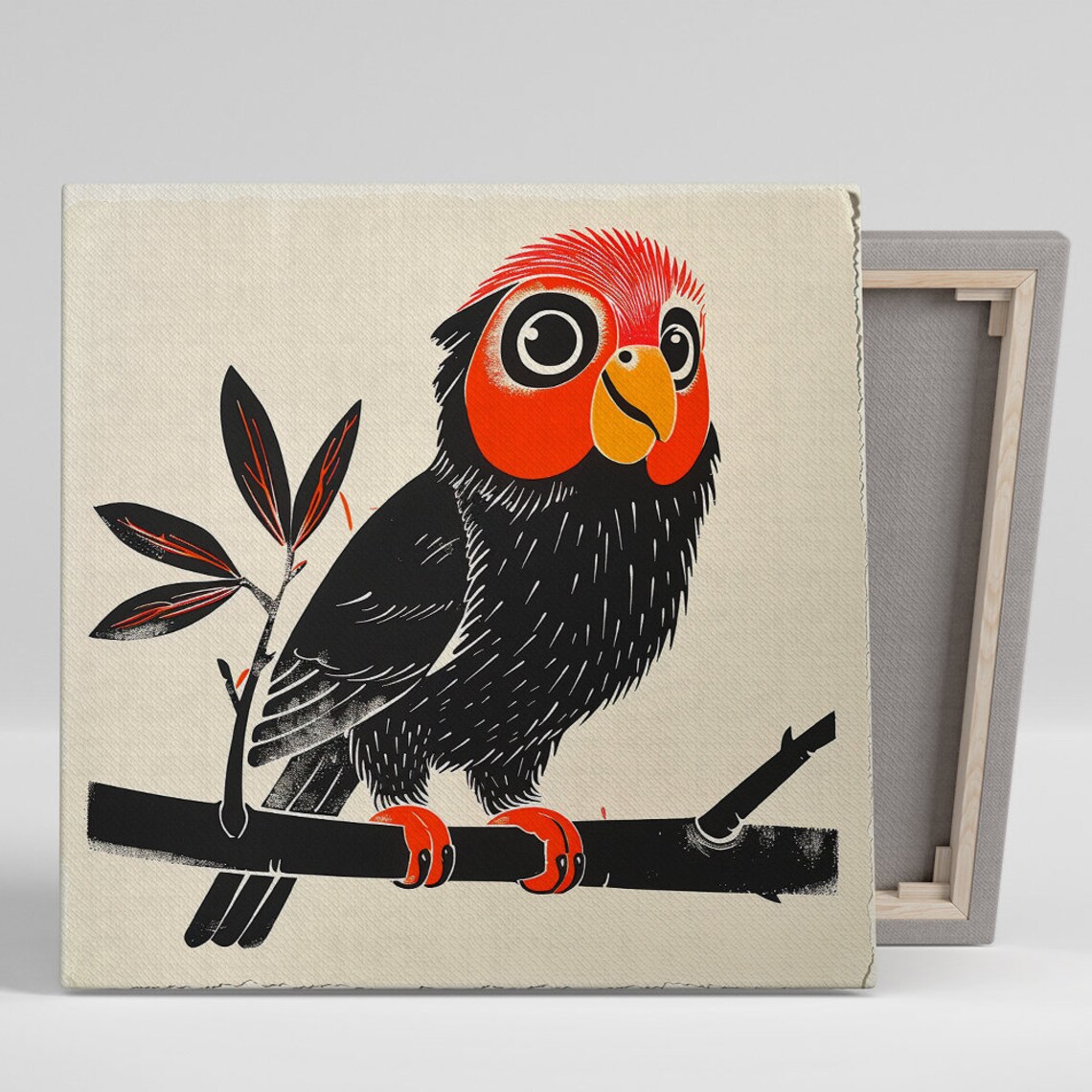 Quirky Red Headed Bird Perch Retro Woodcut Style Animal Art Poster