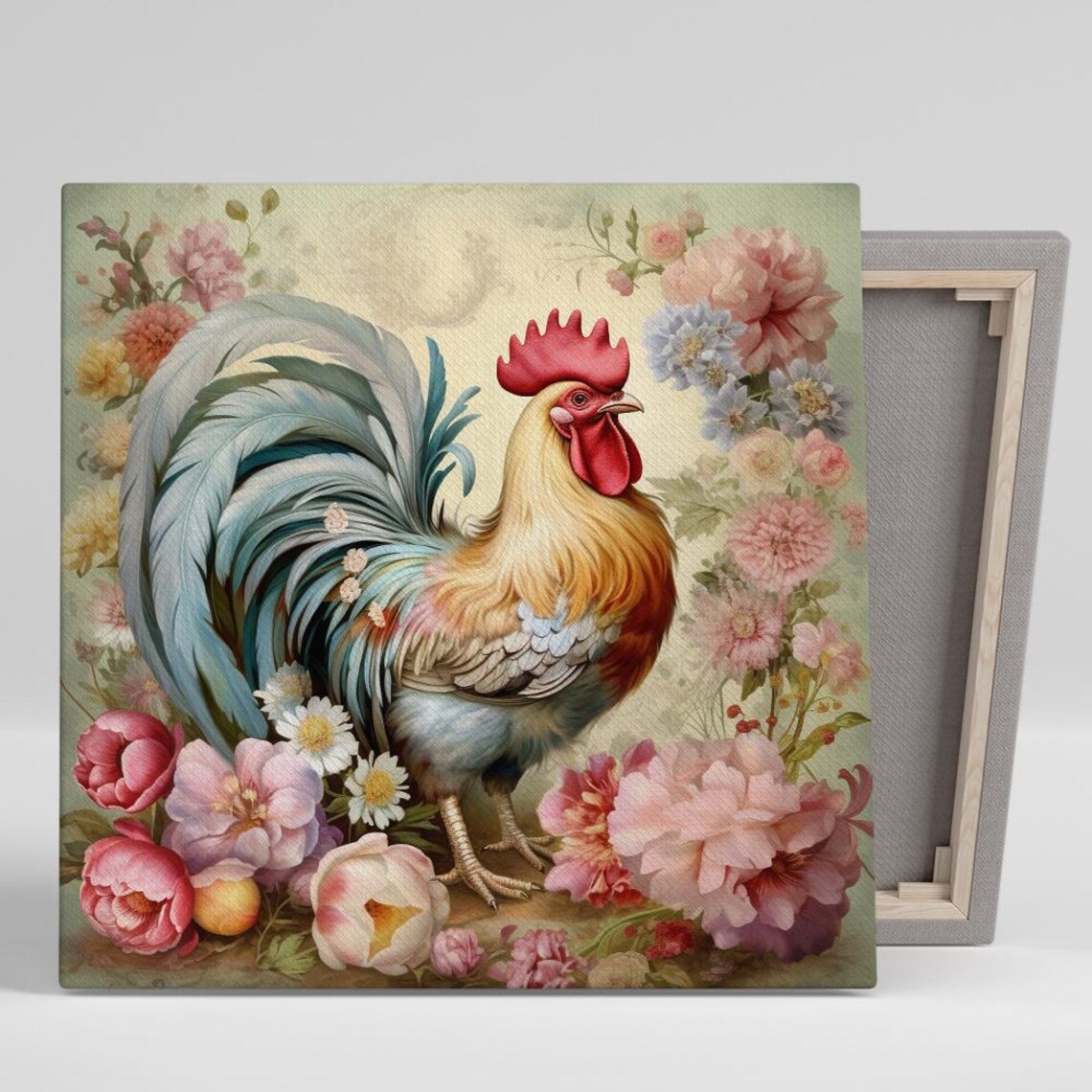Floral Rooster Vintage French Country Art Print