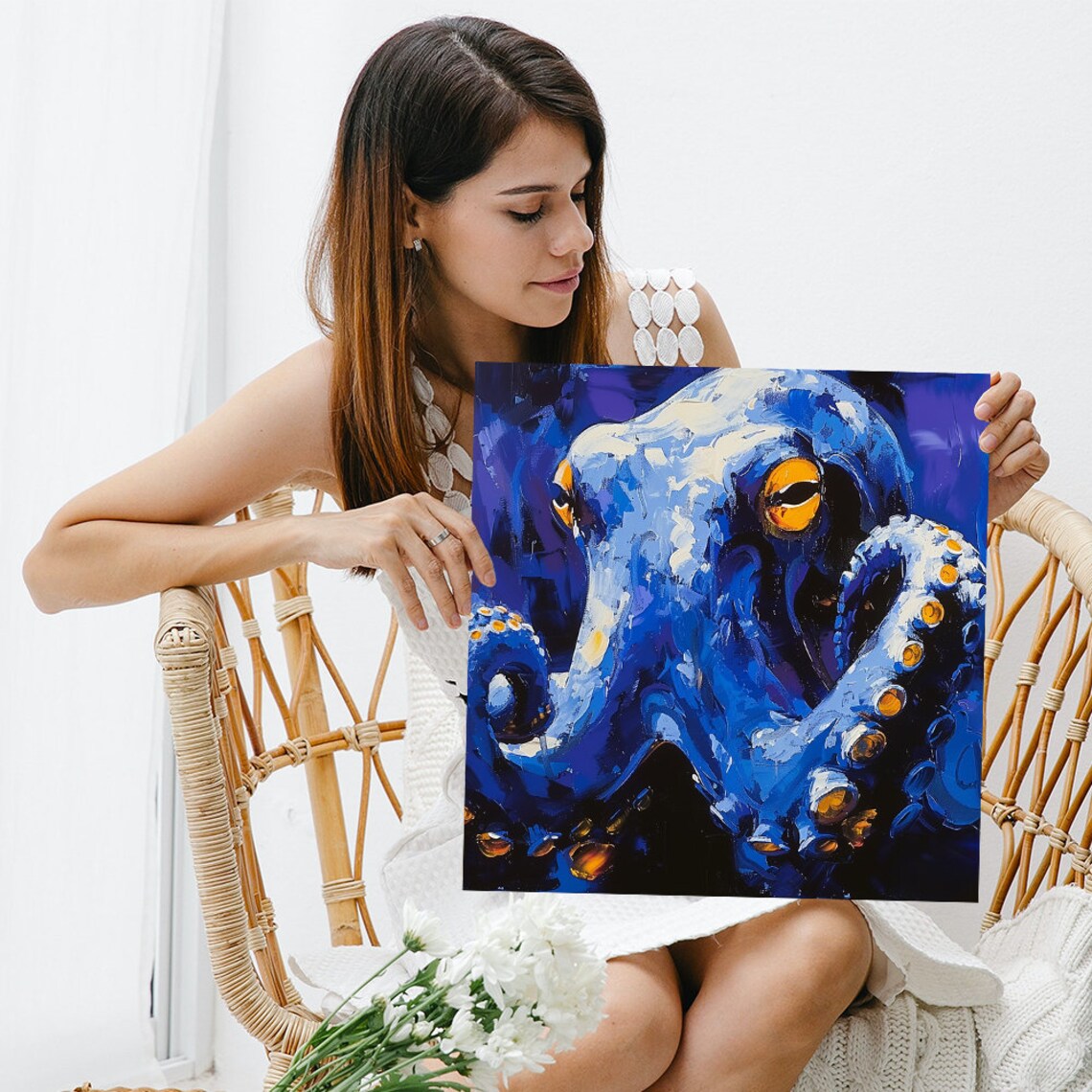 Octopus Art Or Poster Contemporary Abstract Coastal Decor Living Room Bedroom Office Home Theater Art Blue Orange White Black - Image 3