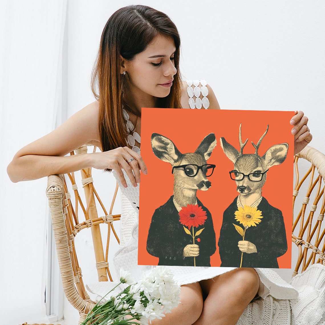 Hipster Deer Duo In Glasses Blazers Holding Flowers Retro Poster - Image 3