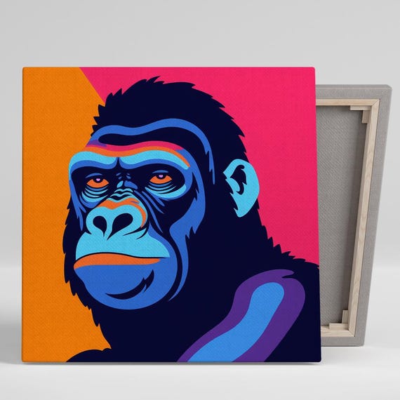 Gorilla Art Or Poster Pop Contemporary Animal Decor Living Room Office Game Room Wall Art Blue Orange Pink Purple Neon Design