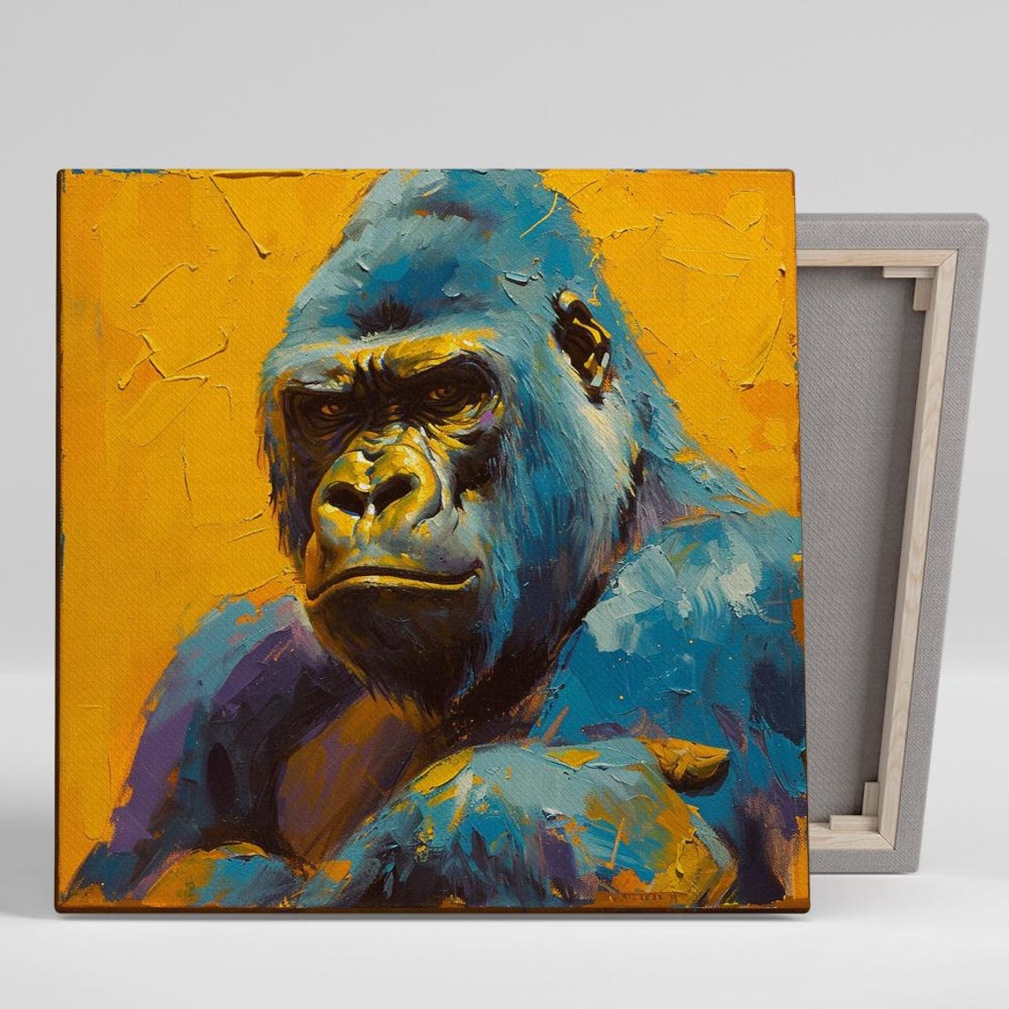 Blue Gorilla Impasto Oil Painting Bold Gold Background Primate Poster