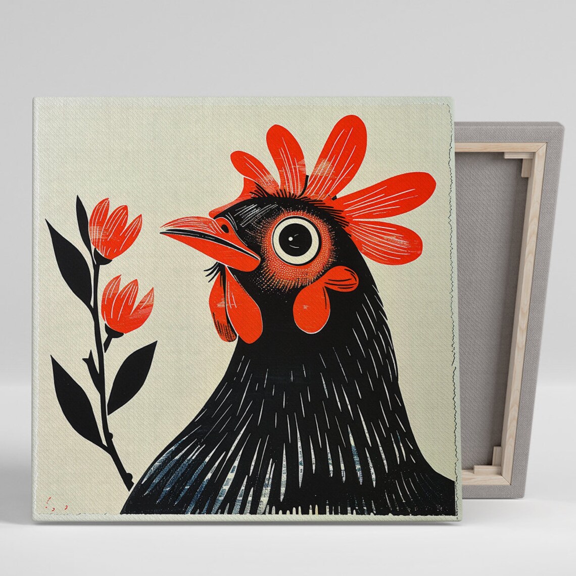 Retro Black Rooster With Red Comb Floral Vintage Folk Art Poster