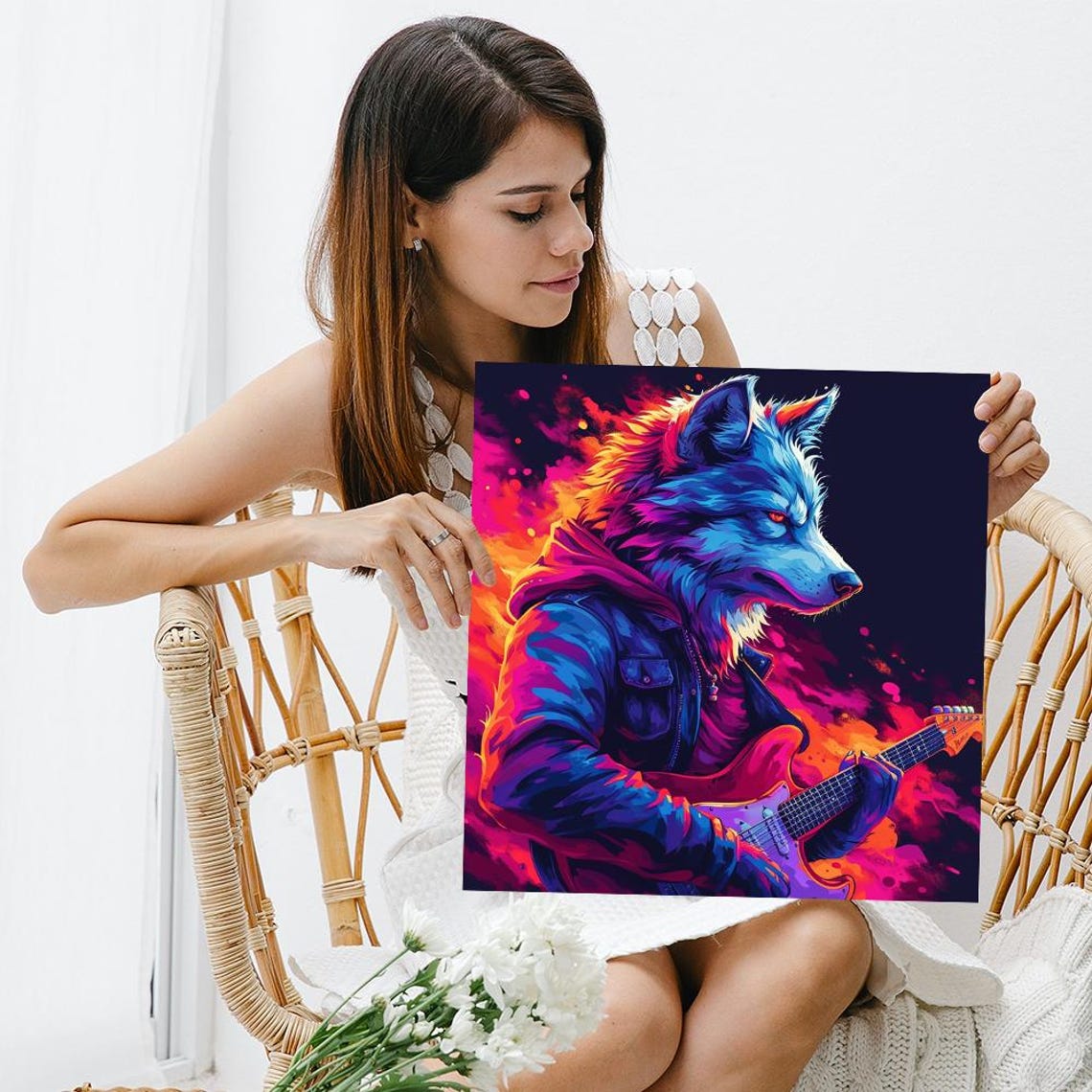 Neon Rockstar Wolf Playing Electric Guitar Pop Music Animal Poster - Image 3