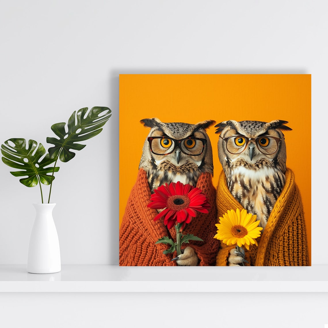 Two Owls With Glasses Holding Flowers Cozy Fall Wall Art Poster - Image 2