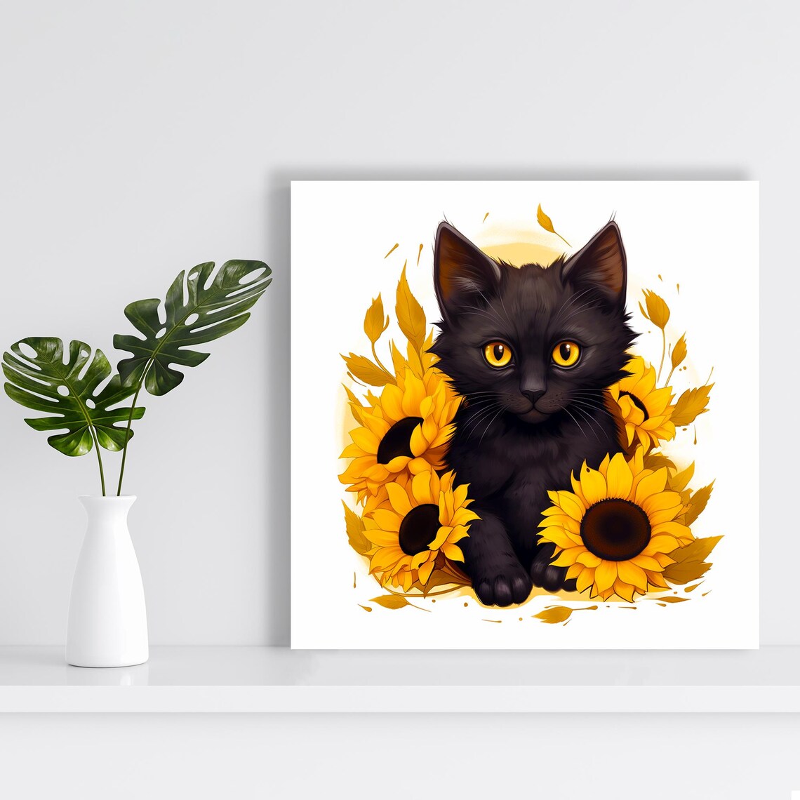 Black Kitten With Golden Eyes Surrounded By Bright Yellow Sunflowers Art - Image 2