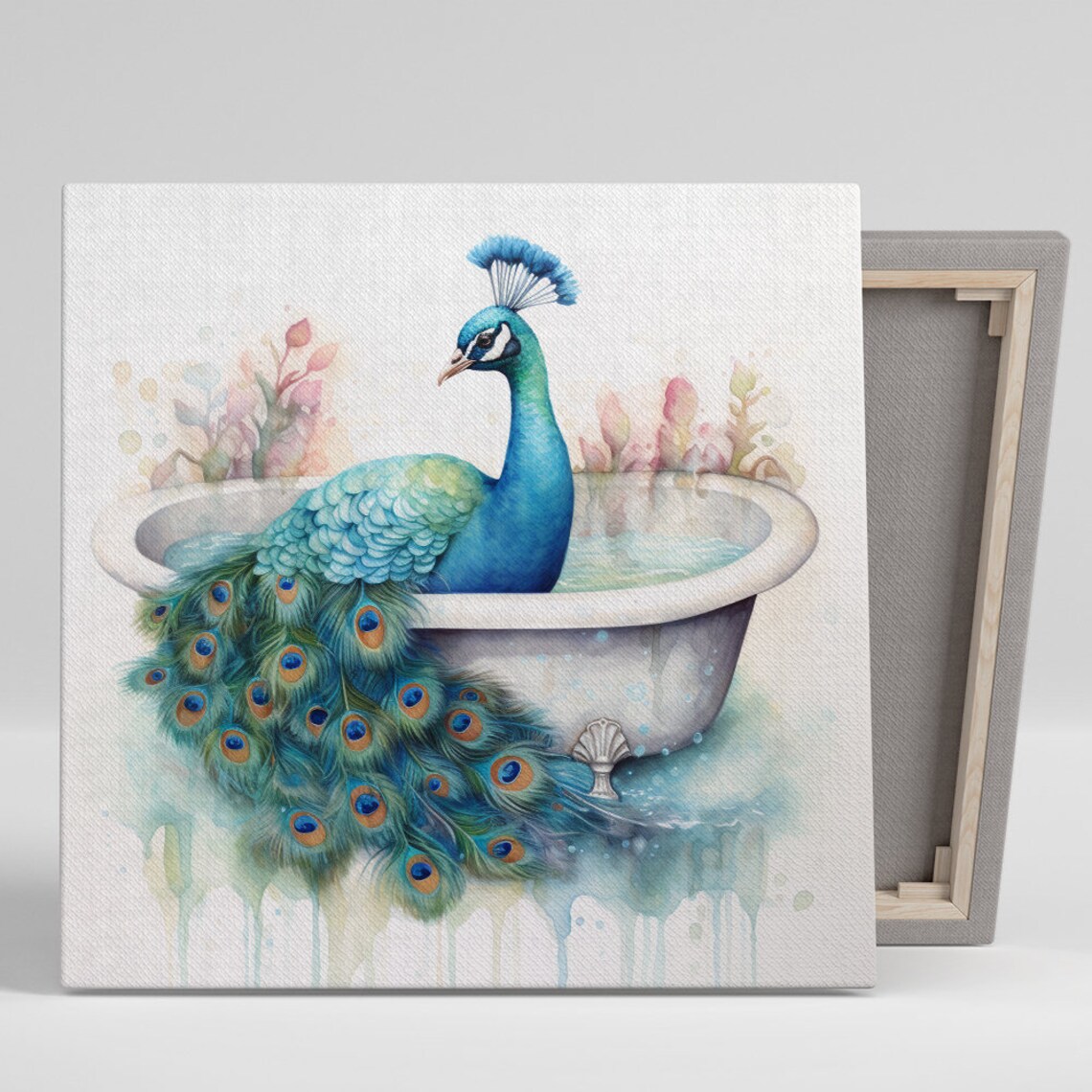 Peacock Bathtub Splendor, Whimsical Bathroom Art Print