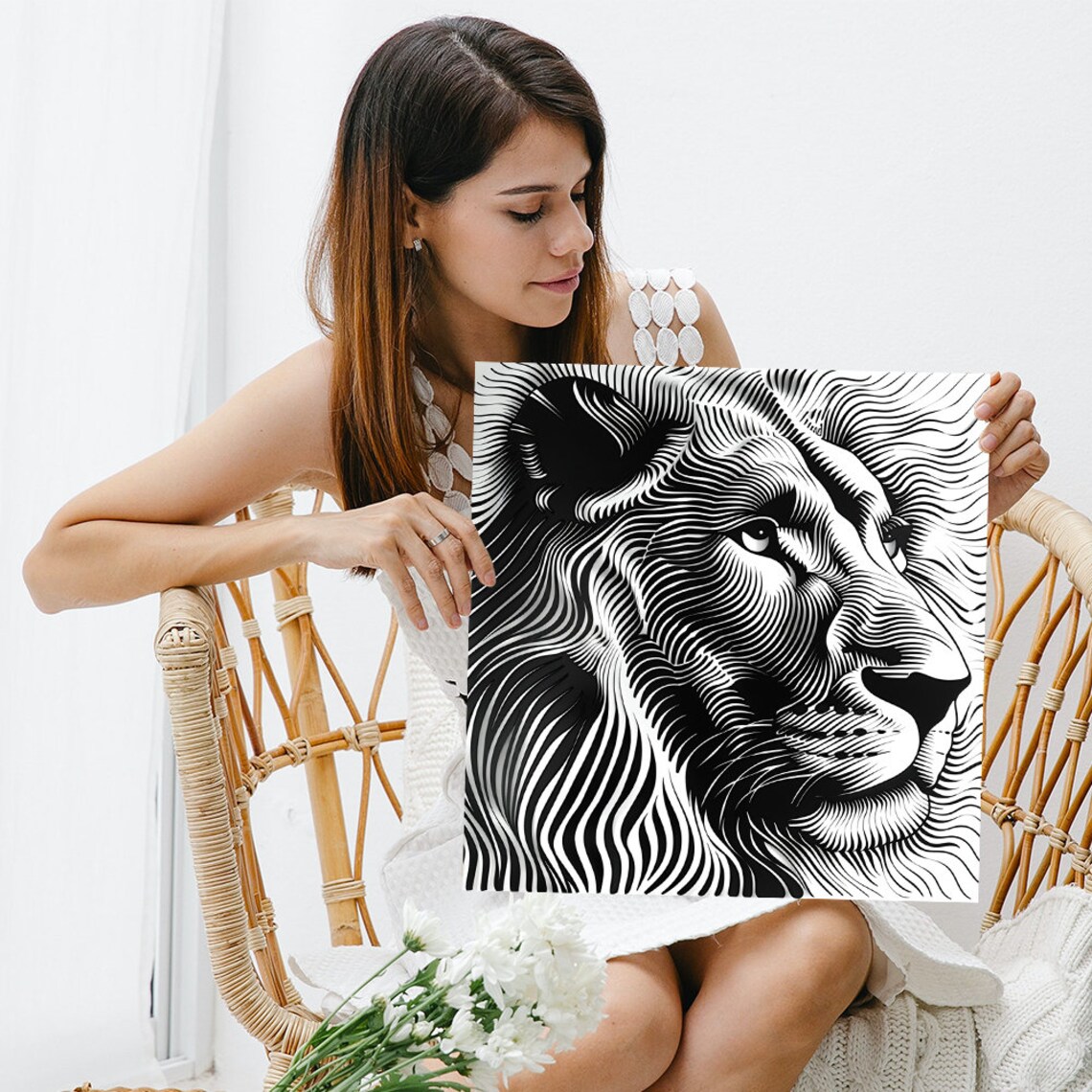 Majestic Lion Lines, Minimalist Black White Art Print - Image 3