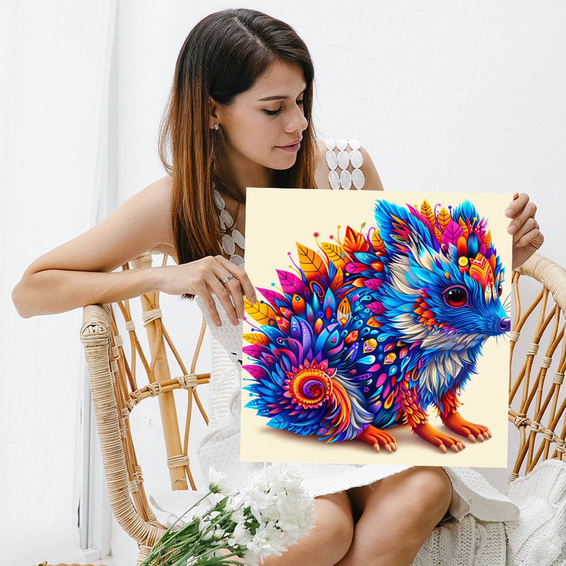 Kaleidoscopic Hedgehog Fantasy Feather Leaf Color Explosion Art Poster - Image 3