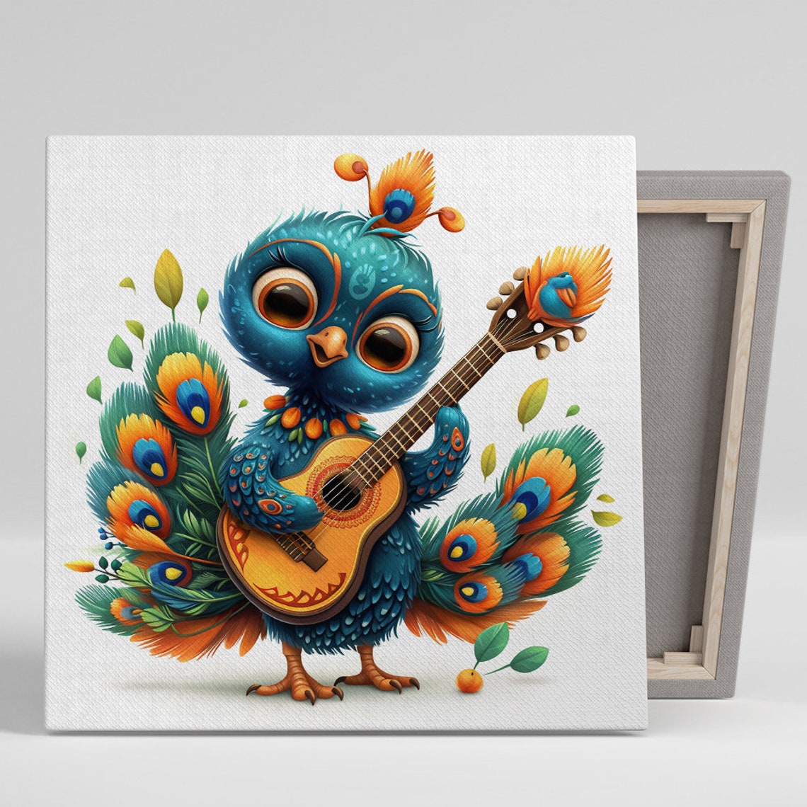 Cute Baby Peacock Playing Guitar Blue Orange Nursery Music Poster