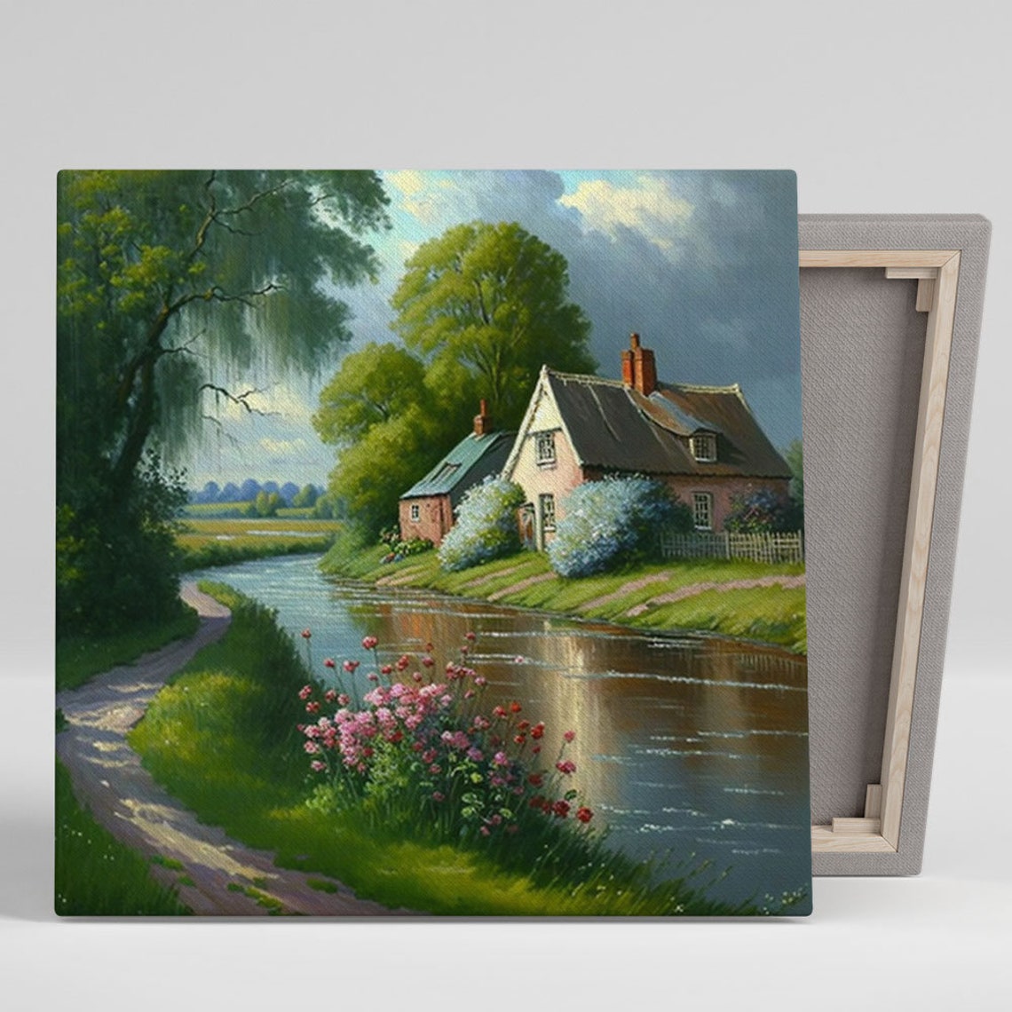 Country Cottage River Reflection Pink Wildflowers Idyllic Wall Poster