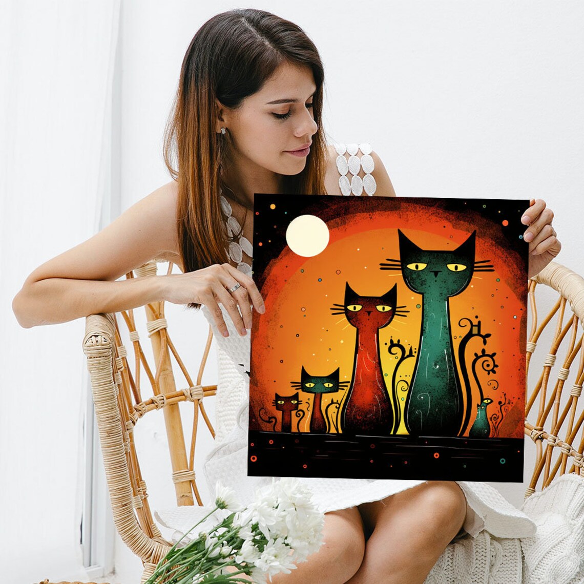 Four Stylized Cats Under Orange Moon Whimsical Long Neck Cat Family Print - Image 3