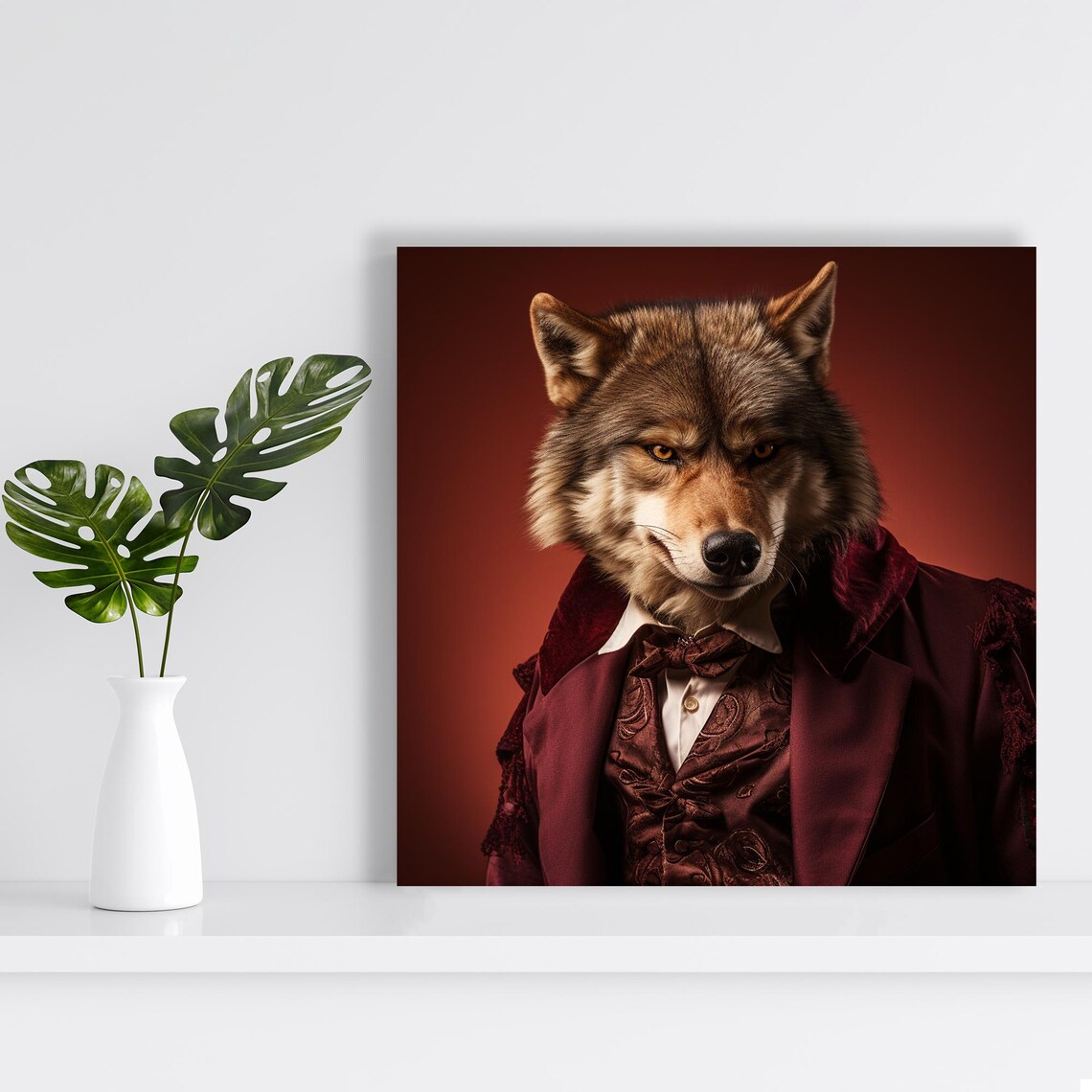 Wolf in Victorian Aristocrat Attire Burgundy Portrait Regal Wall Poster - Image 2