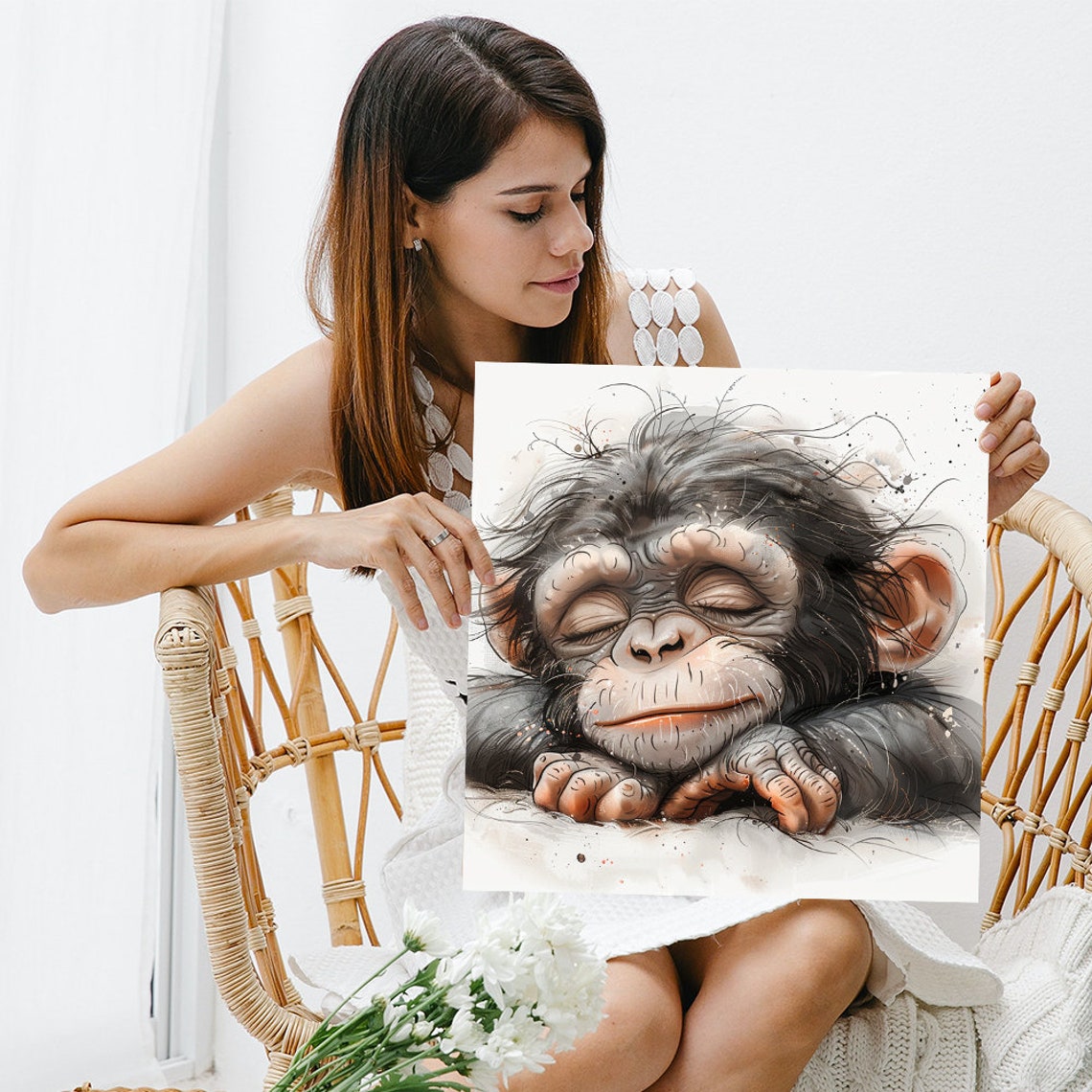 Sleepy Baby Chimpanzee Resting Head Soft Minimalist Wall Art - Image 3