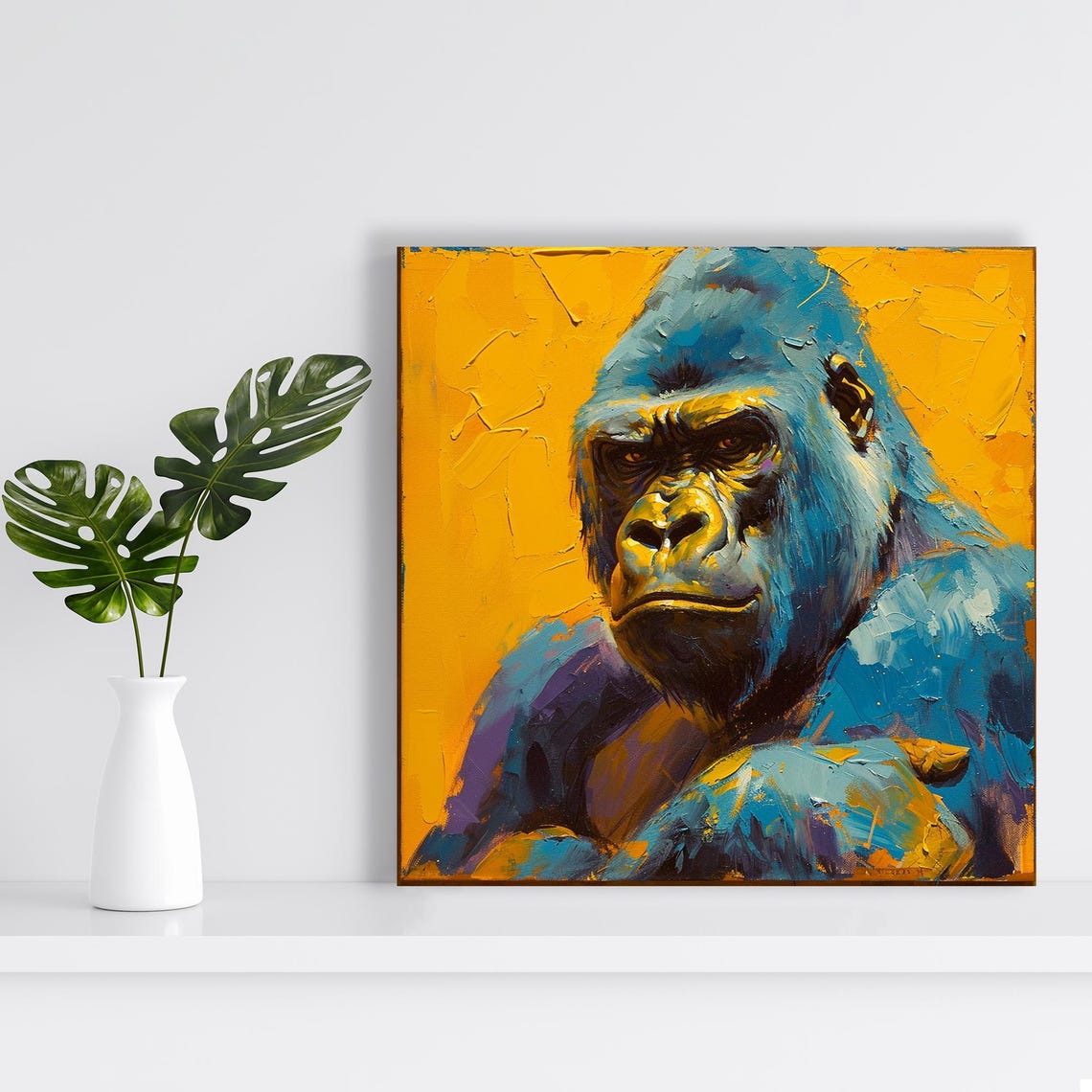 Blue Gorilla Impasto Oil Painting Bold Gold Background Primate Poster - Image 2