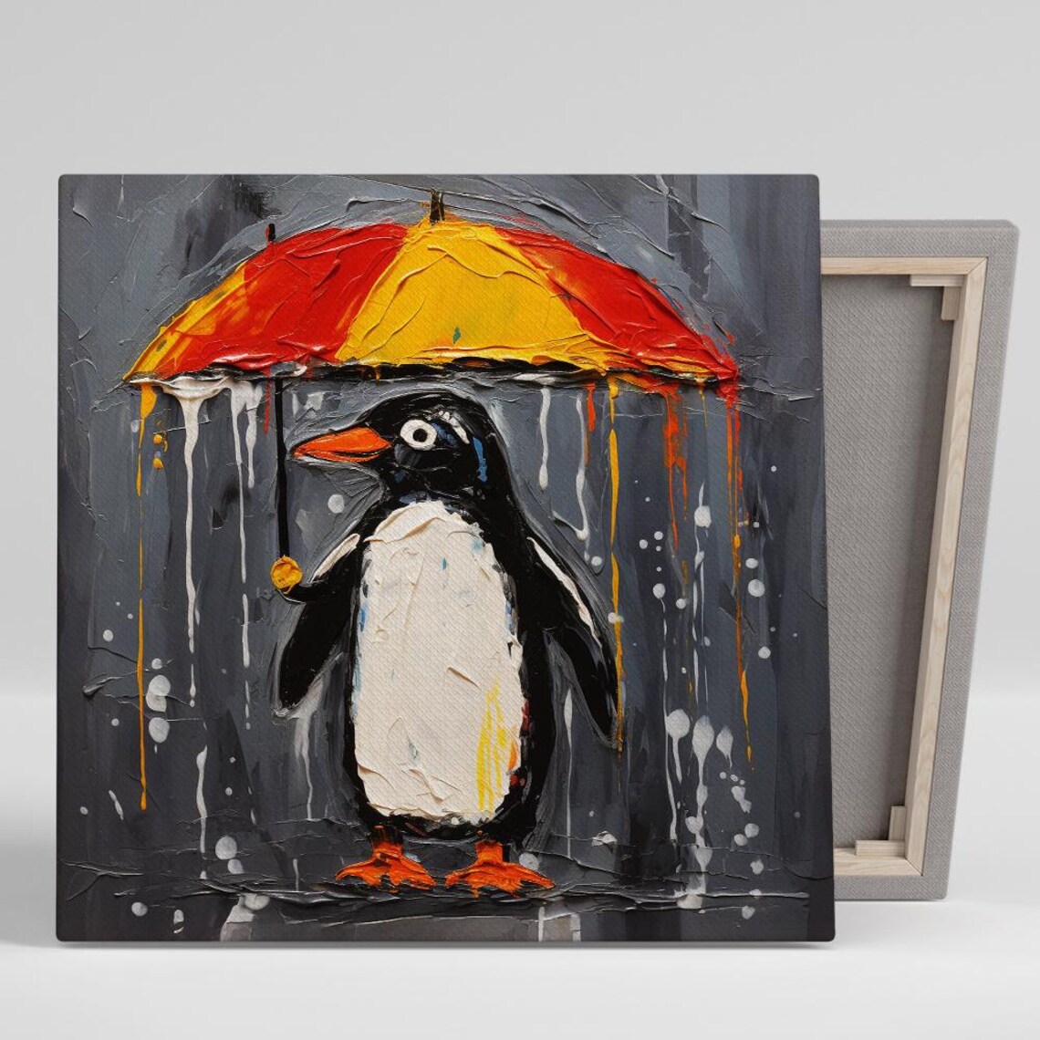 Rainy Day Penguin With Colorful Umbrella Oil Painting Animal Poster