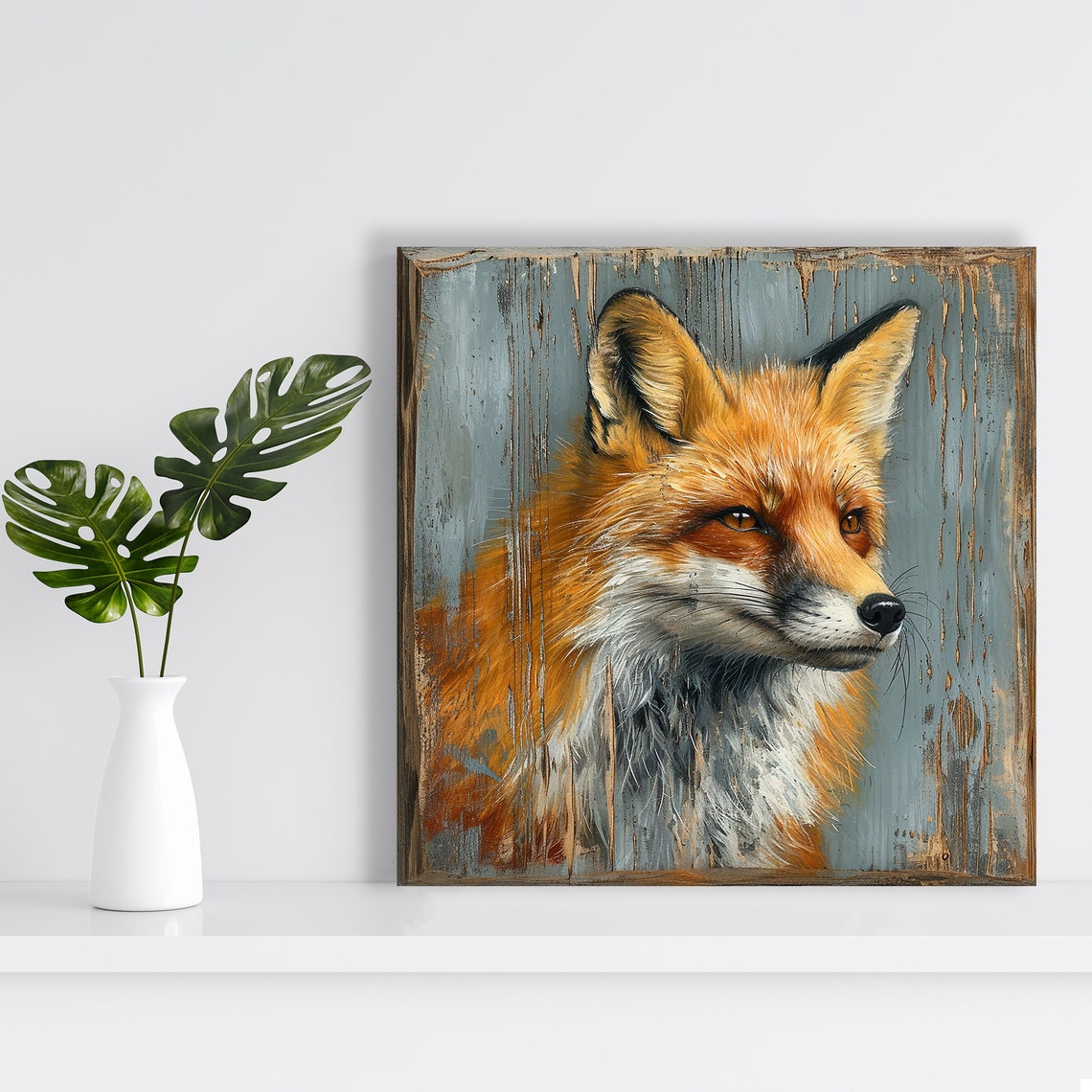 Red Fox Portrait Rustic Blue Wood Background Farmhouse Cabin Poster - Image 2