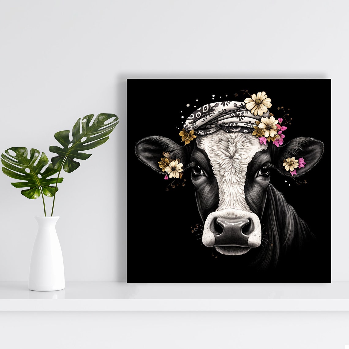 Floral Headscarf Cow Portrait Black Background Elegant Art Poster - Image 2