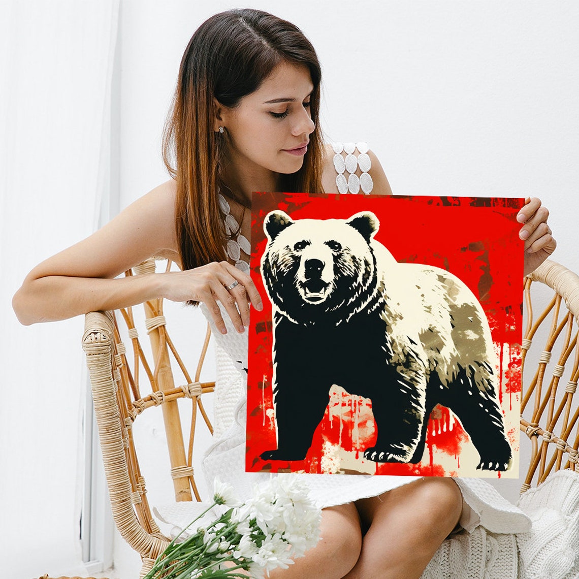 Bear Standing Bold Red Street Art Graphic Black White Poster - Image 3